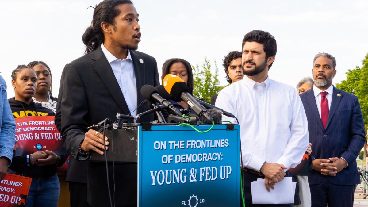 TN Rep. Justin Jones speaks at a rally.