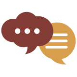 Two overlapping speech bubbles. The front bubble is dark red with three white dots, and the back bubble is mustard yellow with three white horizontal lines, representing text or conversation
