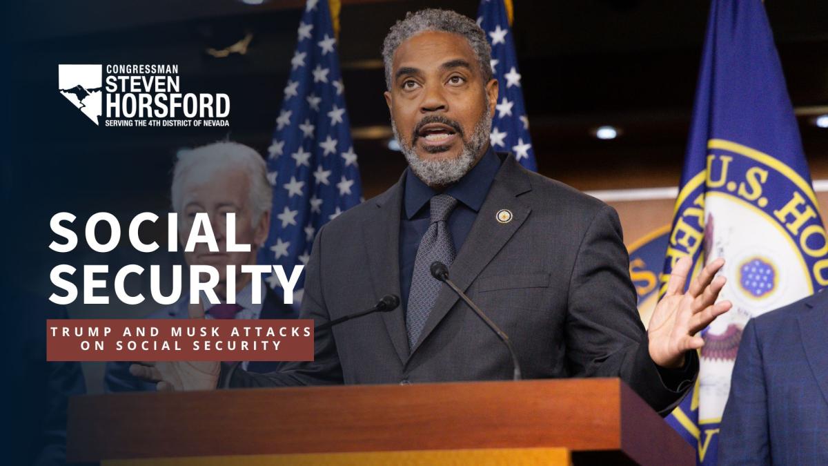 raphic with bold text that reads: “SOCIAL SECURITY — TRUMP AND MUSK ATTACKS ON SOCIAL SECURITY.” The words are large, capitalized, and centered, with "Social Security" at the top and “Trump and Musk Attacks” emphasized below. The design uses a stark, attention-grabbing style to highlight threats to Social Security.