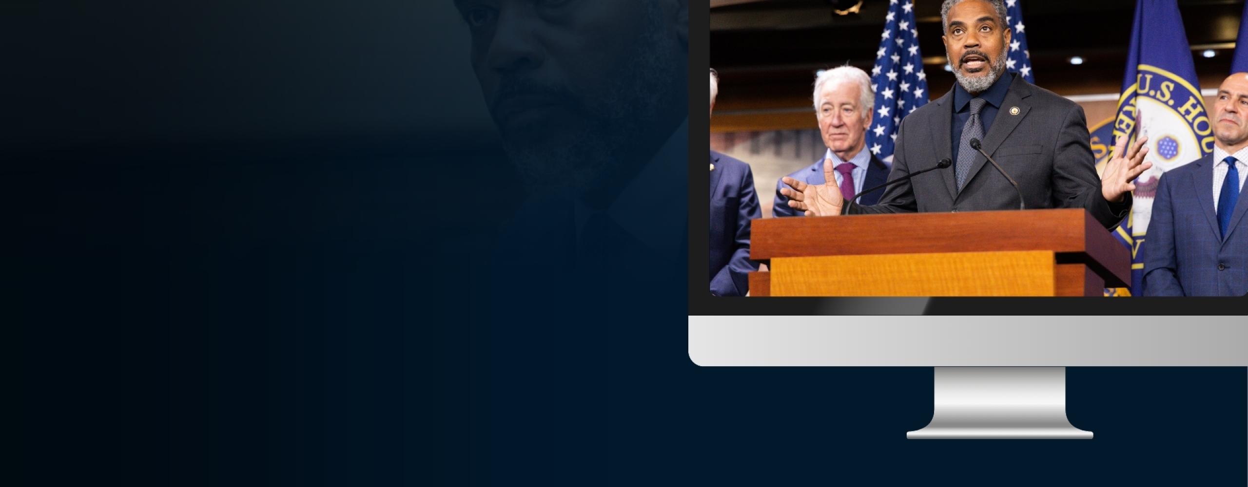 Graphic for a virtual town hall hosted by Congressman Steven Horsford. On the left, there's an image of Congressman Horsford speaking at a podium with U.S. House of Representatives flags behind him. On the right, bold yellow text reads "Virtual Town Hall." Subtext below says: "The fight for what my constituents care about isn’t over. Join me as I provide updates on what happened during the GOP budget markup, the amendments I submitted to protect my constituents, and how I will continue to fight for YOU." D