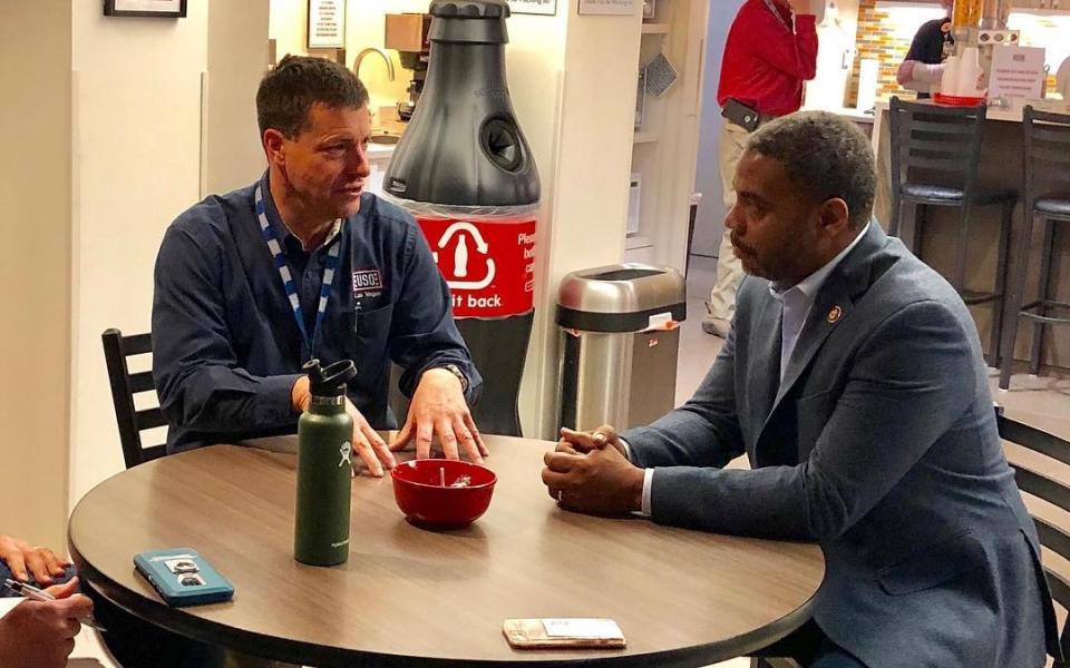 Congressman Horsford Talks With Staff At The McCarran Airport USO